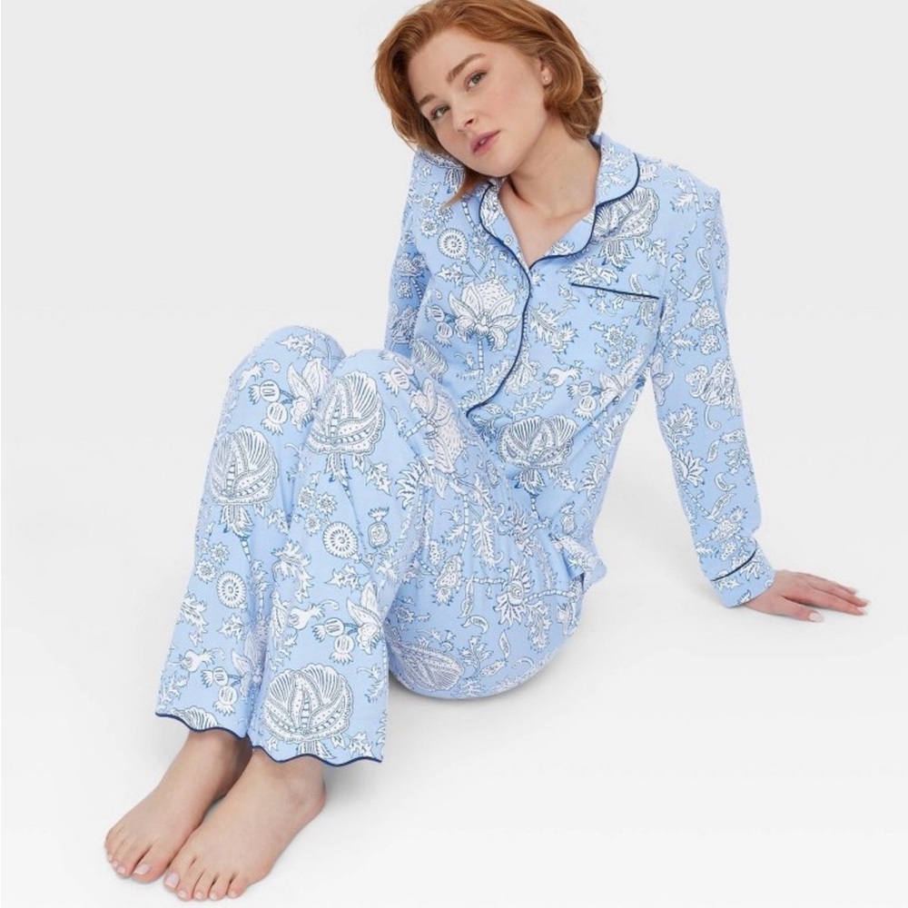 Roller Rabbit x Target Womens Floral Pajama Set Blue Long Sleeve Button Down L